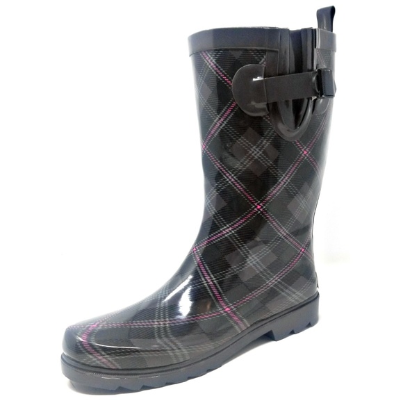 Forever Young Shoes - Women Rain Boots, 11" Mid-Calf Rubber Plaid Cute Rainboots Wellies, NEW
